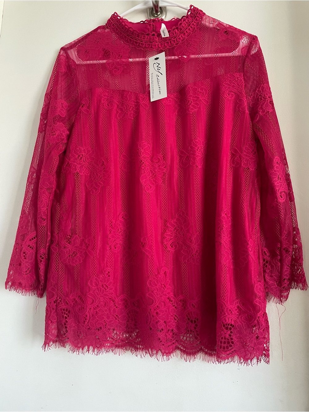 NY Collection Bright Fuchsia Lace Mock-Neck Blouse